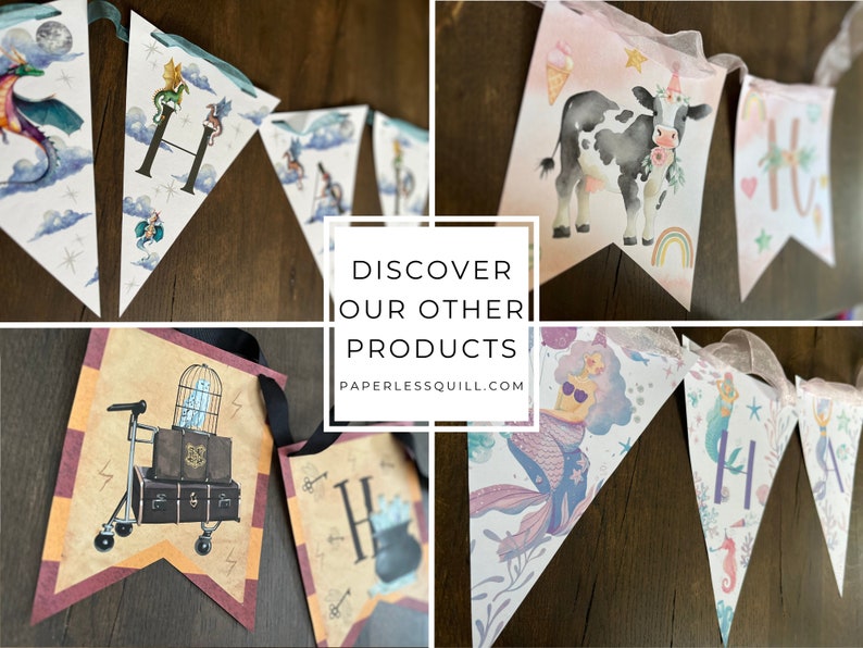 May include: A collection of decorative pennant banners with various designs. The banners feature illustrations of dragons, a cow with a floral crown, mermaids, and a trolley with luggage. The text "DISCOVER OUR OTHER PRODUCTS" and the website address are also visible.