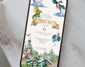 Editable Dragon Birthday Invitation – Boys Castle Party Invite – Digital Download – Corjl Template – Watercolour Fantasy Theme