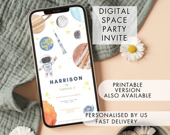 Digital Space Party Invitation, Phone Watercolour Space Party Invite for WhatsApp, Fast Delivery
