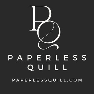 May include: A dark gray background with the white text "PQ" in a stylized font at the top. Below, the words "PAPERLESS QUILL" are displayed in a clean, sans-serif font. The website address "PAPERLESSQUILL.COM" is at the bottom.