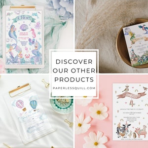 May include: A collage of invitations with various designs. One features mermaids, another a dragon theme, a third with hot air balloons, and the last with farm animals. The text "DISCOVER OUR OTHER PRODUCTS" and "paperlessquill.com" are also visible.