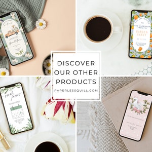May include: A collage of smartphones displaying various invitation designs. The phones showcase themes like a garden party, wedding, and baby shower, with floral and whimsical illustrations. The text "DISCOVER OUR OTHER PRODUCTS" and the website address are also visible.