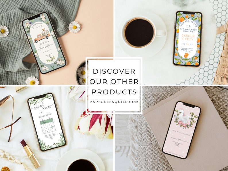 May include: A collage of smartphones displaying various invitation designs. The phones showcase themes like a garden party, wedding, and baby shower, with floral and whimsical illustrations. The text "DISCOVER OUR OTHER PRODUCTS" and the website address are also visible.