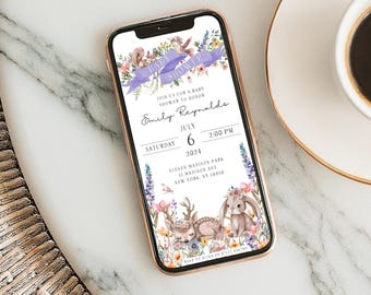 Digital Floral Baby Shower Invitation, Digital Cute Animal Baby Shower Invite for WhatsApp, Fast Delivery