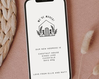 Editable We’ve Moved Digital Card – Modern New Address Template – Minimal House Line Drawing – Phone Format Corjl Design