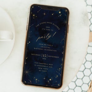 Editable Celestial Party Invitation – Navy & Gold Digital Birthday Invite – Corjl Template – Phone Format Starry Night Design