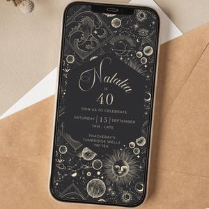Editable Celestial Birthday Invitation – Luxe Gold & Black Astrology Party Invite – Corjl Template – Digital Phone Format