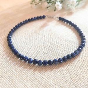 6mm Lapis Lazuli Necklace – Natural Blue Gemstone Beaded Necklace, Handmade Healing Crystal Jewelry, Gift for Her or Him