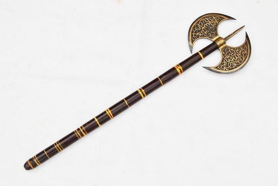 Indo Persian Mughal Ottoman Gold Engraved Ornamental Axe Tabarzine Double Head