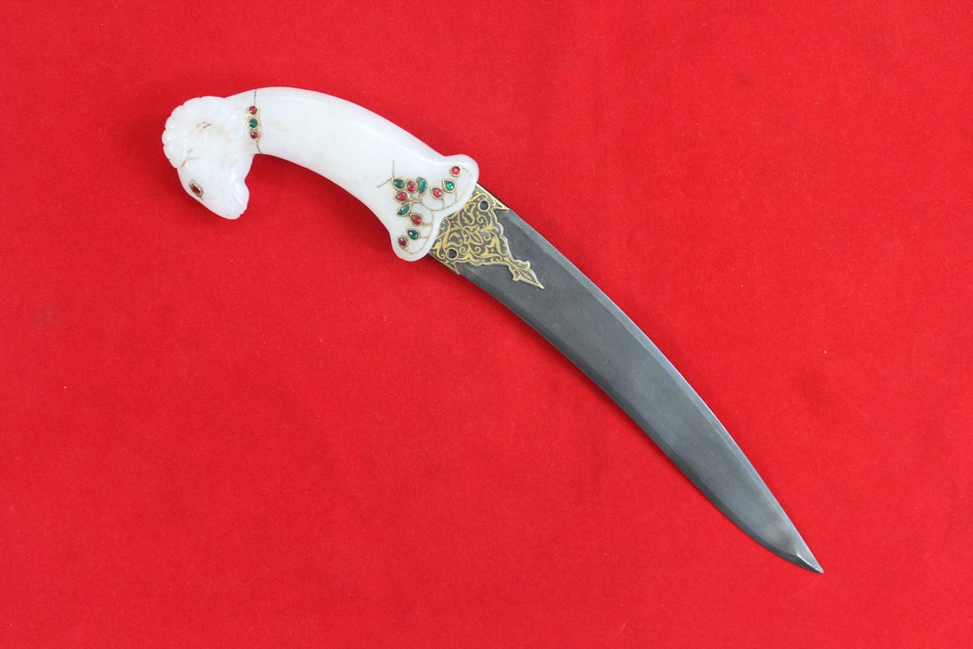 Indo Persian Mughal Islamic Jeweled Jade Wootz Gold Inlay RAM Dagger ...