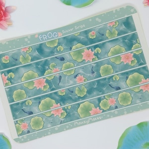 Niedliche Frosch-Aufkleber - Washi-Stil Streifen | Aufkleber | Cottagecore Kunst | Kawaii Briefpapier | Niedliche Planer Aufkleber | Seerosen