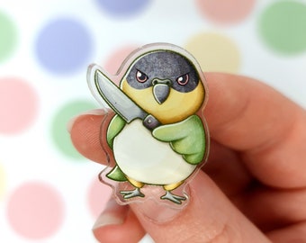 Parrot 1" Acrylic Lapel Pin | Kawaii Bird Badge | Rubber Clutch Caique Brooch | Cute Pet Owner Gift | Funny Animal Jacket Accessory |