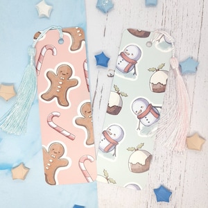 Christmas 400GSM Paper Bookmark with tassel - Snowman and Pudding, Gingerbread Man and Candy Cane, or set of 2.  Cute pastel aesthetic