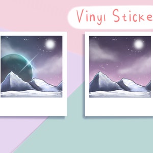 Celestial Polaroid Matte Vinilo Pegatina - Escena de invierno, Montañas Nevadas. Calcomanía de computadora portátil, bujo, diario de balas, álbum de recortes, planificador. estrella, espacio