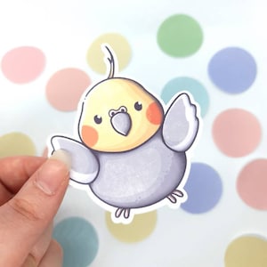 Cockatiel 3" pegatina de vinilo mate - pájaro lindo mascota, loro Kawaii, ordenador portátil, tableta, macbook calcomanía, resistente al agua, Bujo, Bullet Journaling.