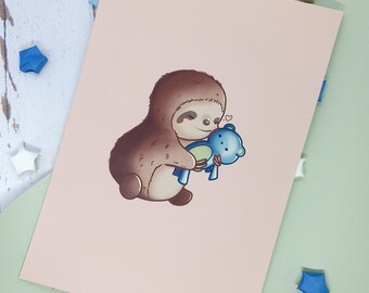 Cute Sloth 5x7, 230gsm Art Print - Kawaii, Kids Room Decor, Nursery Decor, Baby Animal, Pastel Aesthetic, Softgirl, baby shower gift, plush