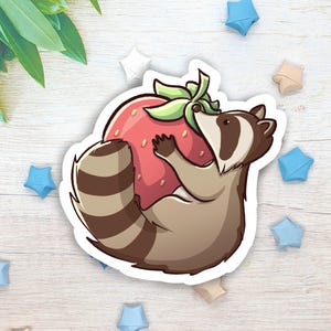 Autocollant en vinyle mat 3 pouces raton laveur | Autocollant fraise mignon pour Macbook, ordinateur portable | Étiquette Hydroflask kawaii découpée | Autocollant de voiture résistant à l'eau