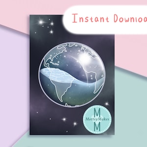 Ocean Earth Illustration Art Print - Kawaii - Softgirl - Galaxy - Contenedor de agua - Decoración de la habitación - Regalo de cumpleaños - Espacio y celestial