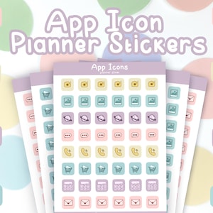 Feuille d'autocollants pour icônes d'applications - 48 pièces | Mini autocollants mats pour scrapbooking | Planification des appels téléphoniques et des réseaux sociaux Kawaii | Bujo | Planification fonctionnelle minimale