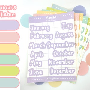 Monate Planer Blatt Matte Aufkleber - 6 Farbauswahl, Bullet journal, Paper bujo, Pastell ästhetik, Kawaii, Scrapbooking, Monate des Jahres.