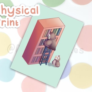 Impresión de arte de búho 5x7 / lindo arte de la pared de la biblioteca / regalo para el amante de los libros / decoración de la habitación de la guardería / rincón colgante del rincón / arte de la ilustración bibliófila /