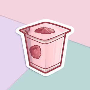 Adesivo in vinile opaco da 3" con yogurt alla frutta e lampone - Kawaii, Softgirl, estetica pastello, decalcomania impermeabile, resistente all'acqua, bullet journaling.