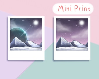 230gsm Mini Print - duo or single Cute Winter scene, Snowy Mountains. Polaroid. Art. Landscape. Dorm Hanging. Star, Space, Night Sky.