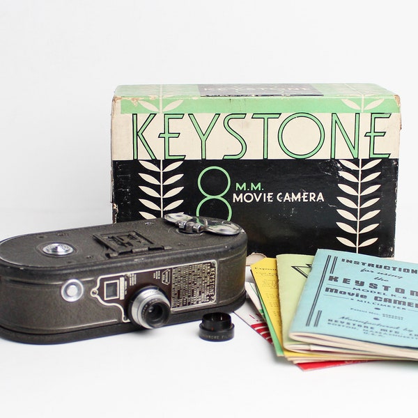 Vintage KEYSTONE K-8 8mm Movie Camera with Wollensak 13mm f/2.7 Cine Velostigmat Lens with Box and Manuals