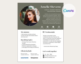 Speaker Sheet Canva Template Professional Speaker One sheet Keynote