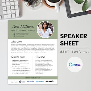 Speaker One Sheet Canva Template Keynote Speaker Sheet Professional Speaker Bio Template Coach Profile Media Kit One Page Sheet Canva