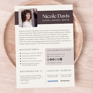 May include: A promotional card for Nicole Davis, author, speaker, and mentor. The card features a headshot of Davis, her name, and contact information. It lists signature topics and client logos, including Coursera and Entrepreneur.