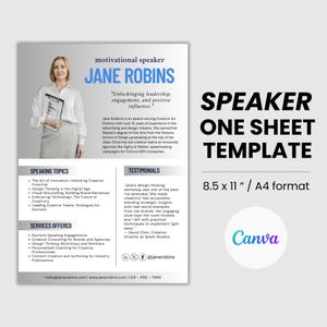 Speaker One Sheet Canva Template Keynote Speaker One Sheet Professional Speaker Bio Template Coach Profile Media Kit One Page Canva