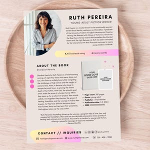 May include: A promotional flyer for author Ruth Pereira, a young adult fiction writer. The flyer features a headshot of the author, book details, and contact information. The flyer includes the text "Stardust Hearts" and "Young Adult Fiction Writer".