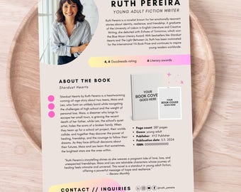 Könnte beinhalten: Werbeflyer für die Autorin Ruth Pereira, eine Jugendbuchautorin. Der Flyer zeigt ein Kopfporträt der Autorin, Buchdetails und Kontaktinformationen. Der Flyer enthält den Text "Stardust Hearts" und "Young Adult Fiction Writer".