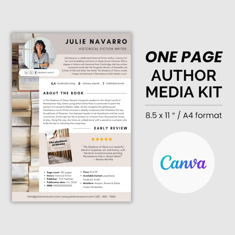 Author One Page Template Media Kit Canva Author Press and Social Kit ...