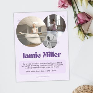 May include: A lavender-colored card with three circular images of a ballet dancer. The card features the name "Jamie Miller" in purple, along with a message of support from family. Pink flowers are in the background.