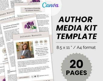 Könnte beinhalten: Eine graue und weiße Media-Kit-Vorlage für Autoren mit dem Text "AUTHOR MEDIA KIT TEMPLATE" in großen, fetten, schwarzen Buchstaben. Die Vorlage ist 8,5 x 11 Zoll groß und im A4-Format. Die Vorlage hat 20 Seiten. Die Vorlage soll Autoren dabei helfen, ihre Bücher zu bewerben.