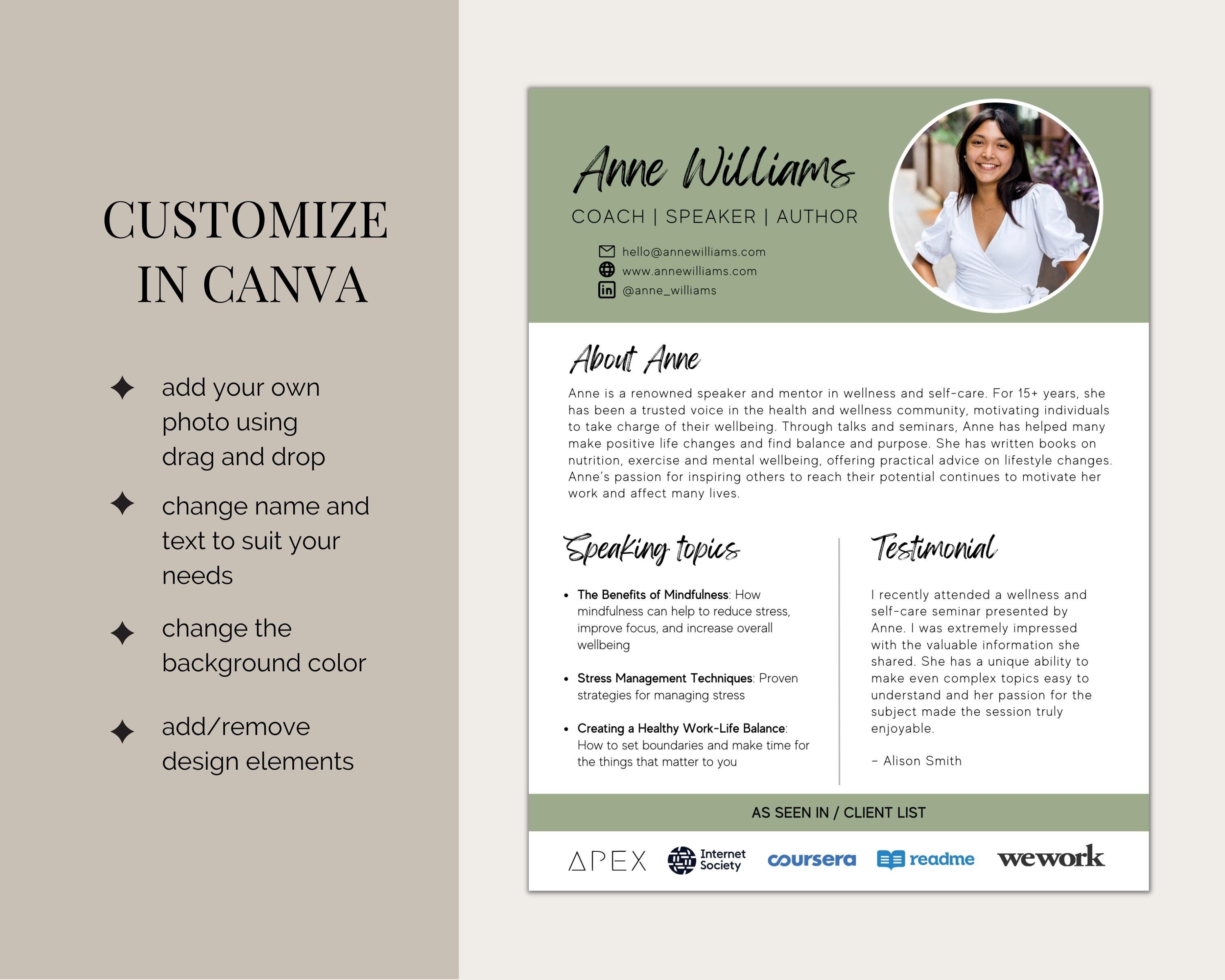  Speaker One Sheet Canva Template Keynote Speaker Sheet Professional 