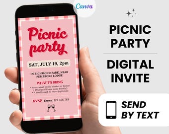 Picnic Digital Invite Pink Red Gingham Canva Template Editable Invitation Summer Invite for Girls Day Brunch Birthday Picnic