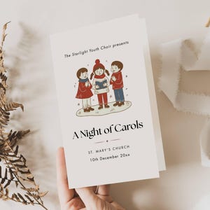 Może przedstawiać: Kremowa karta z tekstem "The Starlight Youth Choir presents" i "A Night of Carols". Karta zawiera ilustrację trzech dzieci śpiewających kolędy. Karta zawiera również tekst "ST. MARY'S CHURCH" i "10th December 20xx."