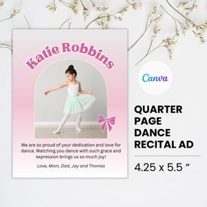 Plantilla de Canva para anuncio de recital de danza de un cuarto de página Anuncio de recital de ballet con lazo rosa Volante de programa de danza de bailarina de homenaje Anuncio de recital de danza de una imagen