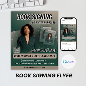 May include: A green and white flyer for a book signing event with Amanda Rogers. The flyer features a photo of Amanda Rogers, the title of her book "Business Handbook", and the date and time of the event. The flyer also includes a QR code and the text "Book Signing & Meet-and-Greet".