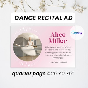 Kwart pagina advertentie dansrepresentatie canvassjabloon 4,25 x 2,75 roze dansrecital advertentie eerbetoon dansprogramma flyer één foto balletvoorstelling advertentie