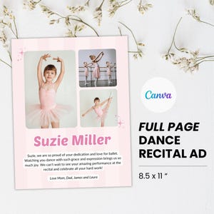 Plantilla de Canva para anuncio de página completa de recital de danza. Anuncio de recital de ballet rosa. Tributo a bailarina. Folleto de programa de danza. Tributo a padres rosa pastel.