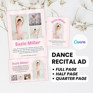 Anuncio de recital de danza, plantilla de Canva de página completa, anuncio de recital de ballet, volante de programa de danza de homenaje de media página, cuarto de página, bailarina rosa ruborizada