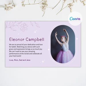 Pode incluir: Um cartão lilás com o nome "Eleonor Campbell" e uma mensagem sobre balé. O cartão apresenta uma foto de uma jovem bailarina em um collant branco e tutu rosa. O logotipo da Canva está no canto superior direito.