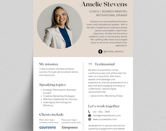 Szablon arkusza mówcy dla coacha biznesowego Canva | Zestaw materiałów prasowych dla mówcy motywacyjnego | Edytowalny zestaw prasowy dla konsultantów i mentorów | Jednostronicowa biografia