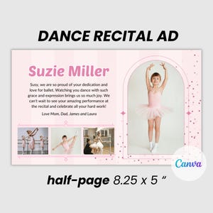 Plantilla de Canva de media página para anuncio de recital de danza. Anuncio de recital de danza de bailarina rosa. Folleto del programa de danza en homenaje a la bailarina. Rosa rubor.