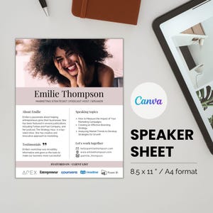 Speaker Sheet Canva Template Professional Speaker One-Sheet Keynote Speaker Template One Sheet Coach Profile Media Kit One Sheet Canva