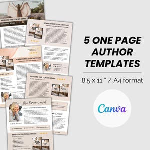 Könnte beinhalten: Fünf einseitige Autorenvorlagen im Format 8,5 x 11 Zoll oder A4, entworfen mit Canva. Die Vorlagen haben einen beigefarbenen Hintergrund mit einem Buchcover-Bild und Text, der "Beneath the Tuscan Stars" und "Elise Romano-Laurent" lautet.